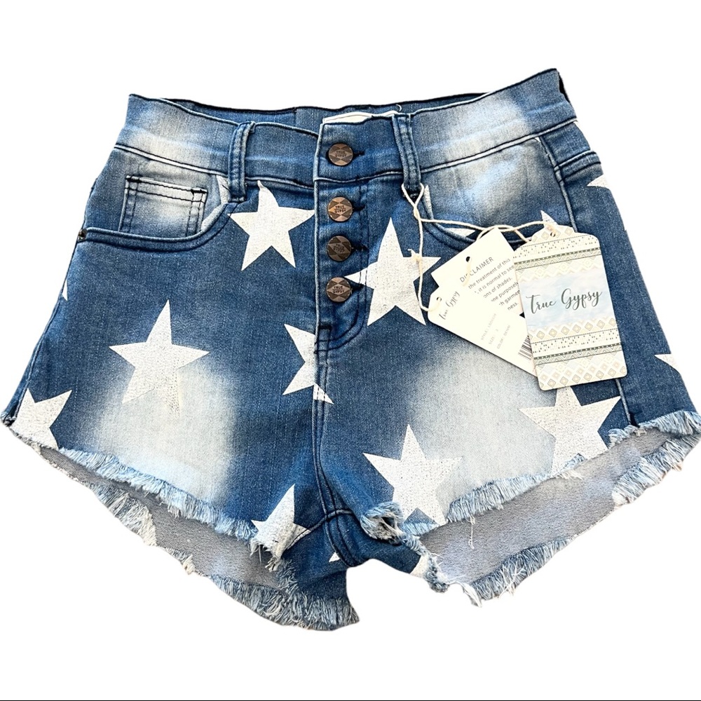 NWT True Gypsy Star Design High Rise Cut Off Button Jean Shorts Size 3 Juniors